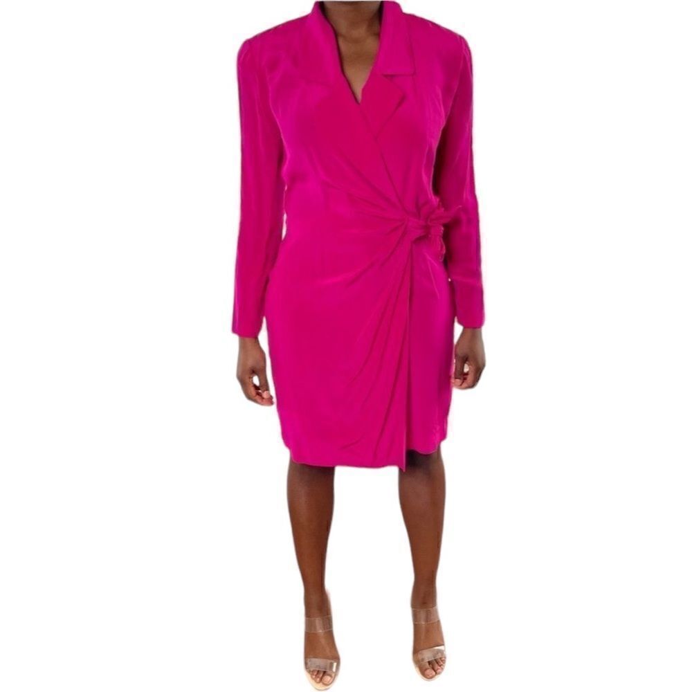 Vintage Silk Fuchsia Strong Shoulder Wrap Dress